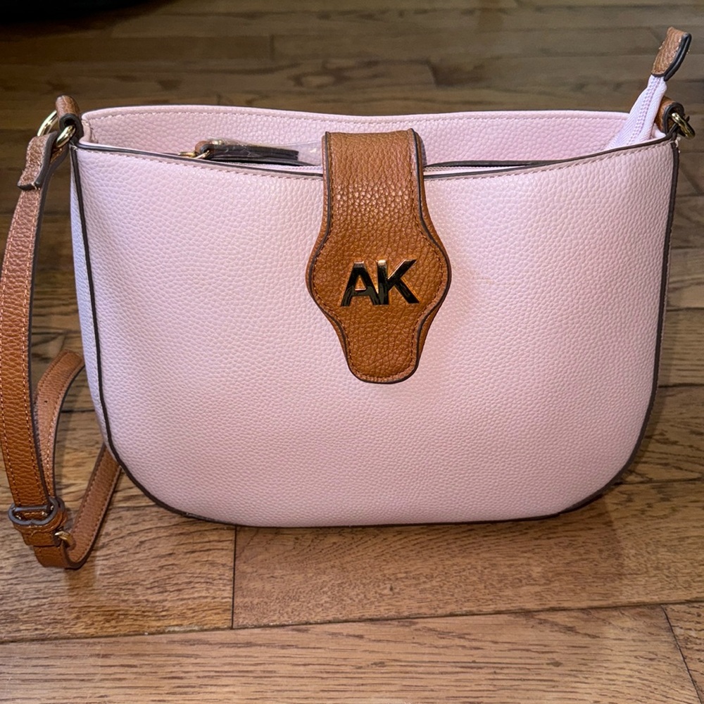 Anne Klein Pink with Tan Trim Faux Pebbled Leather Crossbody Bag